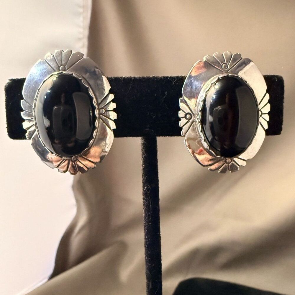 Vintage Navajo Charlie John Sterling Silver Black Onyx Shadowbox Earrings